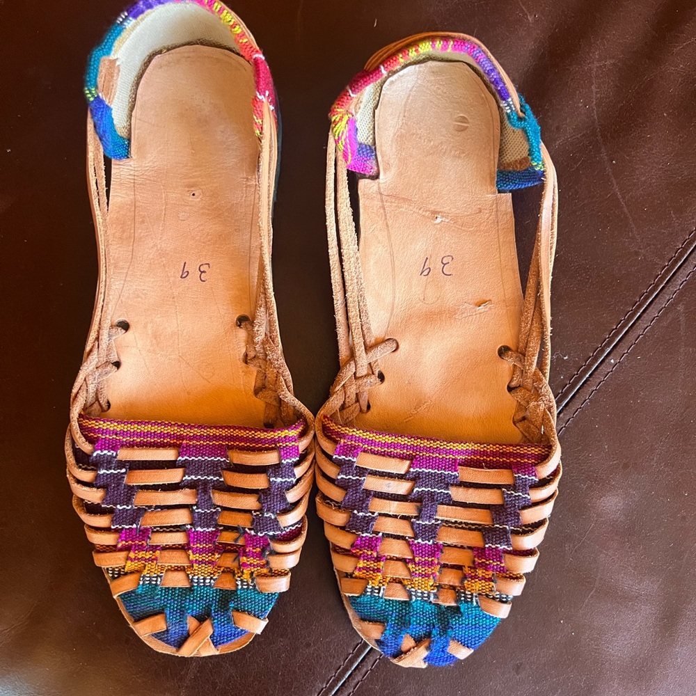 Brown and Blue Leather Huarache Sandals